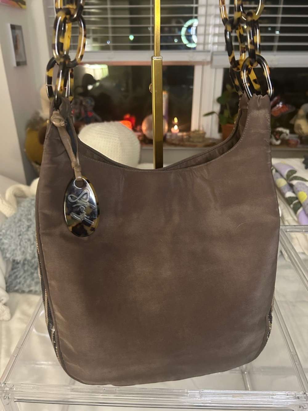 Sharif Brown/Zebra Multi-Textured Shoulder Bag with Tortoiseshell Chain Detail